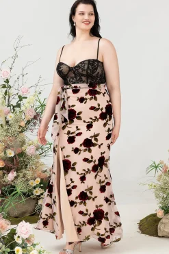 Espaguete Alças Preto Floral Tamanho Grande Vestido de Festa