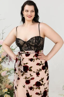Espaguete Alças Preto Floral Tamanho Grande Vestido de Festa