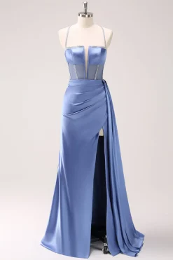 Espaguete Azul Brilhante Correias Corset Prom Dress com Renda-Up Back