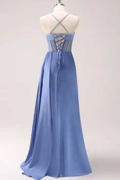 Espaguete Azul Brilhante Correias Corset Prom Dress com Renda-Up Back