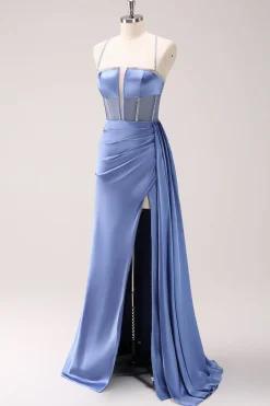 Espaguete Azul Brilhante Correias Corset Prom Dress com Renda-Up Back