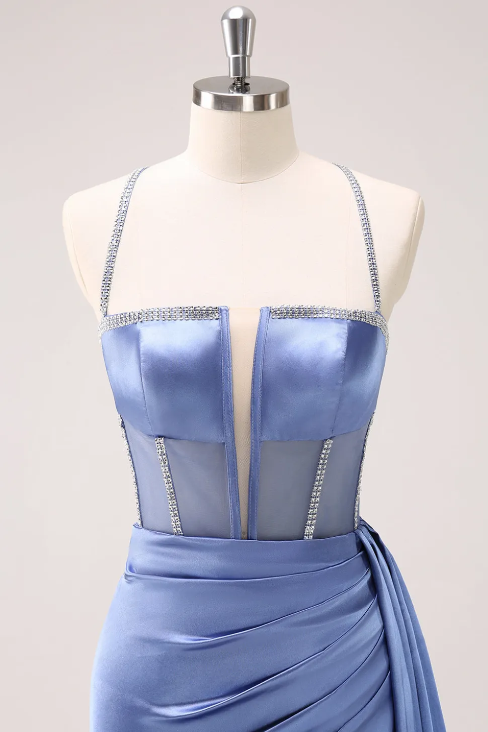 Espaguete Azul Brilhante Correias Corset Prom Dress com Renda-Up Back