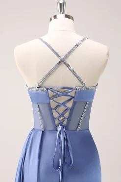 Espaguete Azul Brilhante Correias Corset Prom Dress com Renda-Up Back