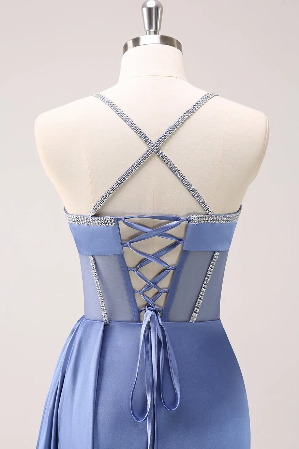 Espaguete Azul Brilhante Correias Corset Prom Dress com Renda-Up Back