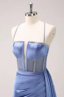 Espaguete Azul Brilhante Correias Corset Prom Dress com Renda-Up Back
