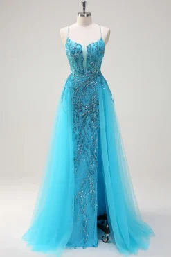 Espaguete Azul Brilhante Correias Vestido de Baile de Lantejoulas Longo com Cabo Lateral