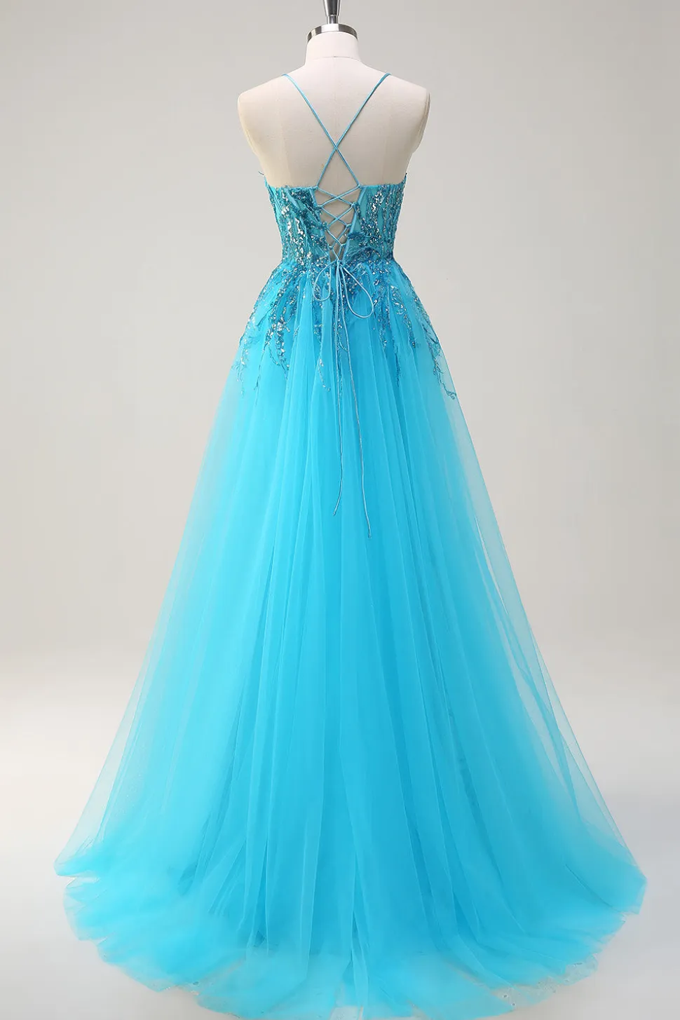 Espaguete Azul Brilhante Correias Vestido de Baile de Lantejoulas Longo com Cabo Lateral