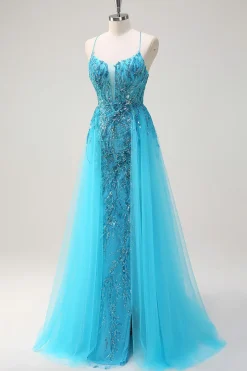 Espaguete Azul Brilhante Correias Vestido de Baile de Lantejoulas Longo com Cabo Lateral
