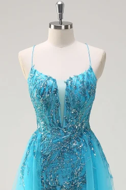 Espaguete Azul Brilhante Correias Vestido de Baile de Lantejoulas Longo com Cabo Lateral