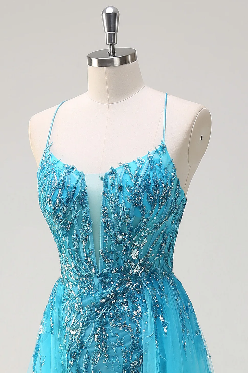 Espaguete Azul Brilhante Correias Vestido de Baile de Lantejoulas Longo com Cabo Lateral