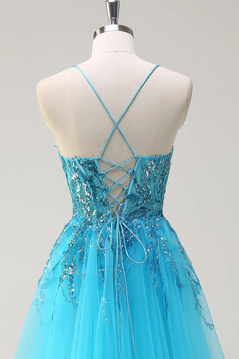 Espaguete Azul Brilhante Correias Vestido de Baile de Lantejoulas Longo com Cabo Lateral