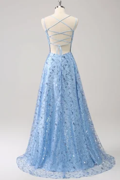 Espaguete Azul Brilhante Correias Sequins Lace Up Back Vestido Madrinha com Fenda