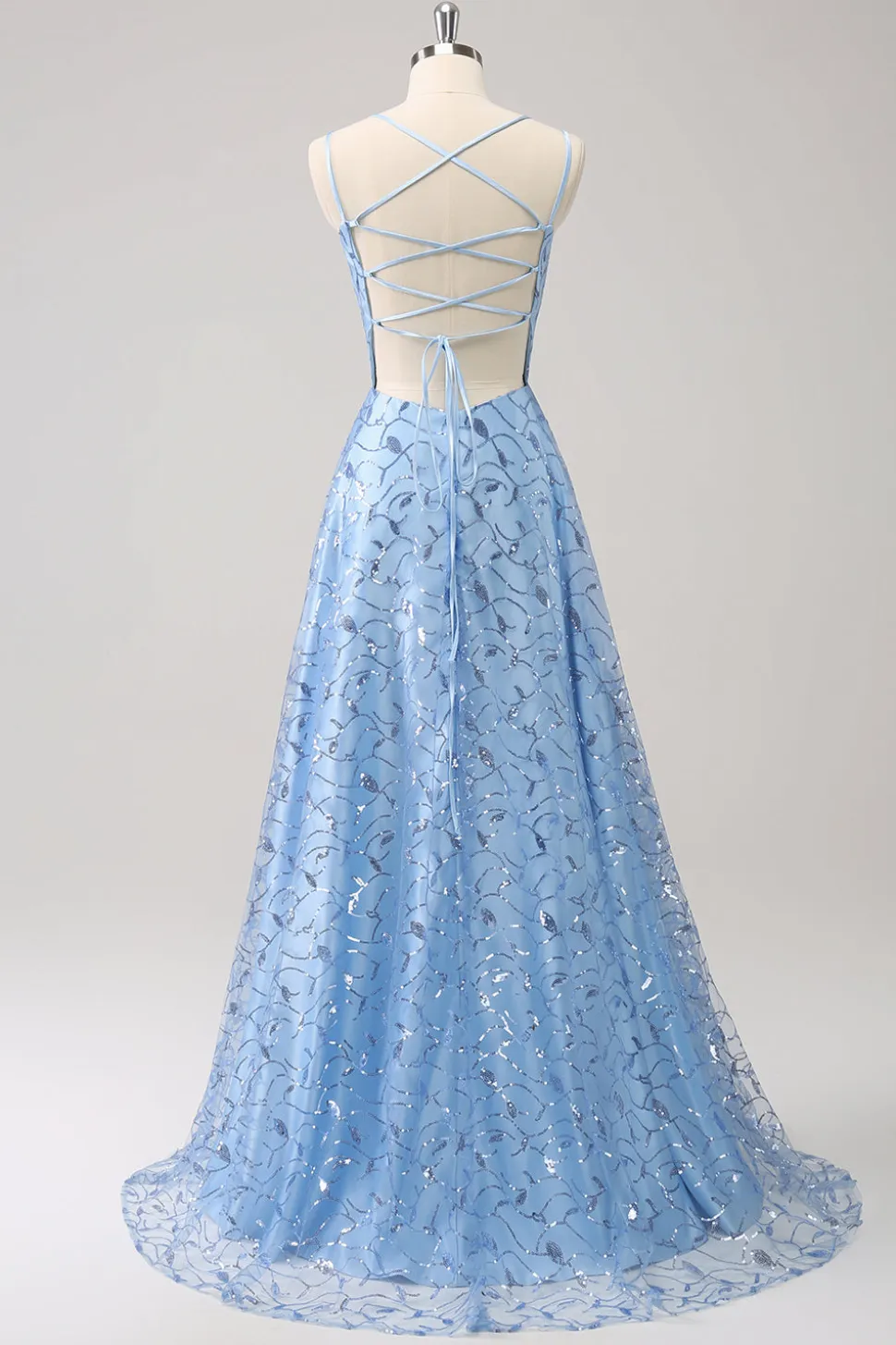 Espaguete Azul Brilhante Correias Sequins Lace Up Back Vestido Madrinha com Fenda
