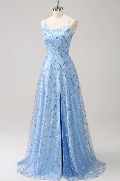 Espaguete Azul Brilhante Correias Sequins Lace Up Back Vestido Madrinha com Fenda
