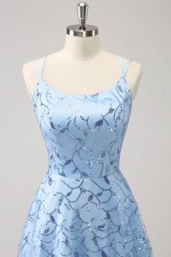 Espaguete Azul Brilhante Correias Sequins Lace Up Back Vestido Madrinha com Fenda