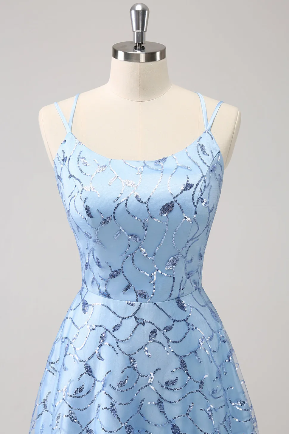 Espaguete Azul Brilhante Correias Sequins Lace Up Back Vestido Madrinha com Fenda