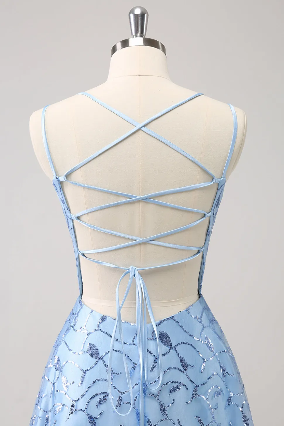 Espaguete Azul Brilhante Correias Sequins Lace Up Back Vestido Madrinha com Fenda