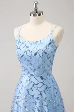 Espaguete Azul Brilhante Correias Sequins Lace Up Back Vestido Madrinha com Fenda