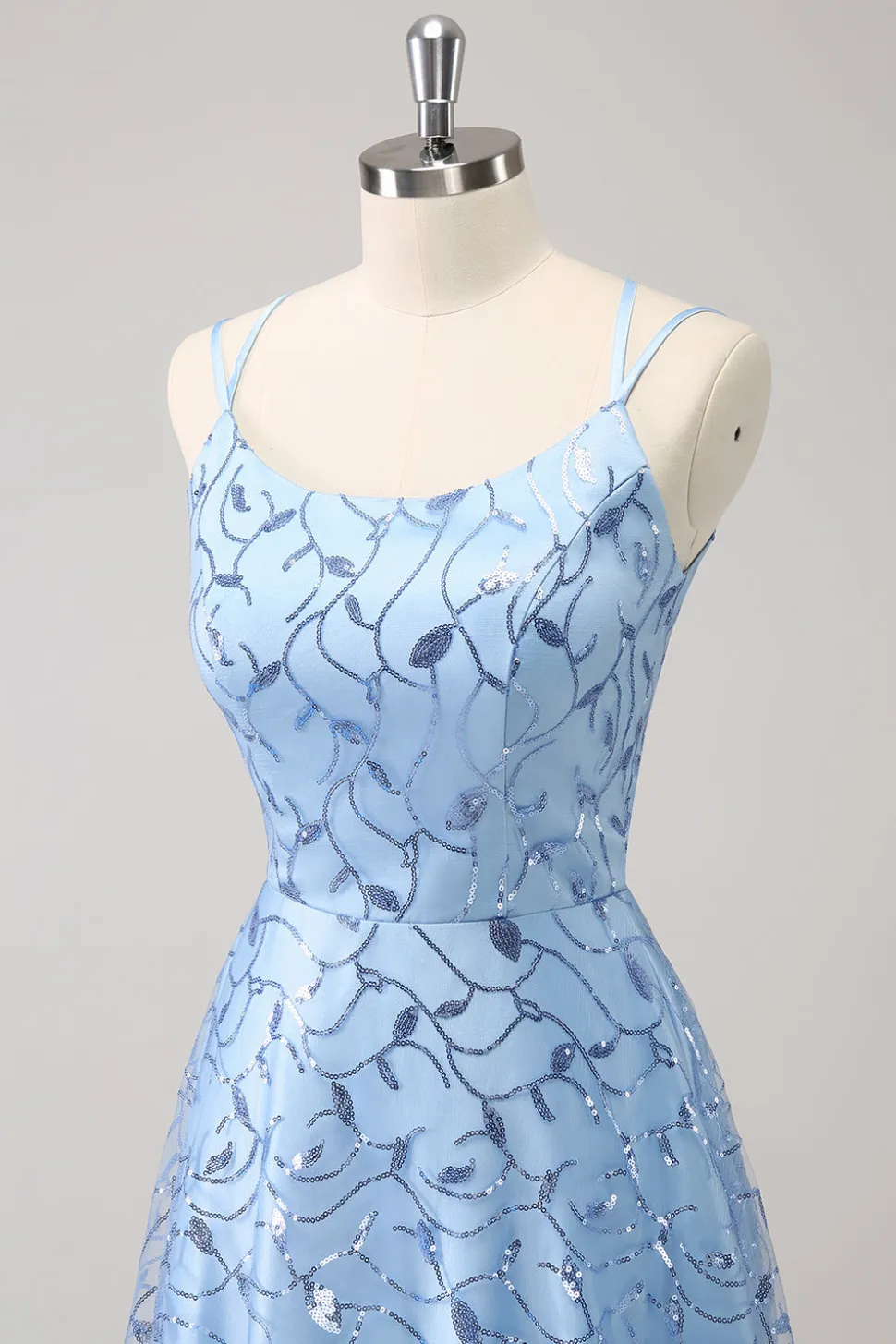 Espaguete Azul Brilhante Correias Sequins Lace Up Back Vestido Madrinha com Fenda