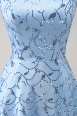 Espaguete Azul Brilhante Correias Sequins Lace Up Back Vestido Madrinha com Fenda