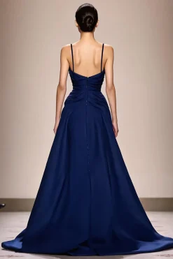 Espaguete azul escuro correias cetim A-Line vestido de noite
