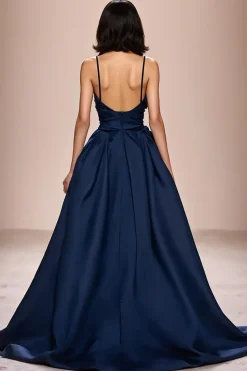 Espaguete azul escuro correias cetim A-Line Ruched vestido de noite com fenda