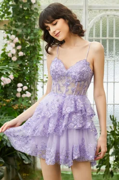 Espaguete Brilhante Correias Sequins Roxo Vestido Curto Homecoming