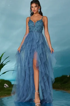 Espaguete Brilhante Correias Cinzento Azul Tule Uma Linha Vestido de Baile