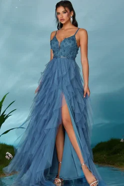 Espaguete Brilhante Correias Cinzento Azul Tule Uma Linha Vestido de Baile