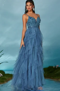 Espaguete Brilhante Correias Cinzento Azul Tule Uma Linha Vestido de Baile