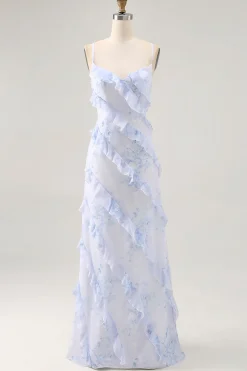 Espaguete de flor azul alças estampado vestido de noiva convidado com babados