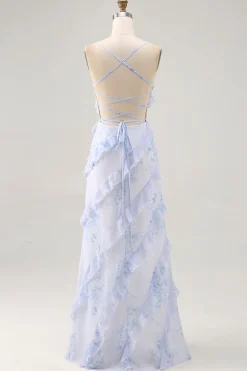 Espaguete de flor azul alças estampado vestido de noiva convidado com babados