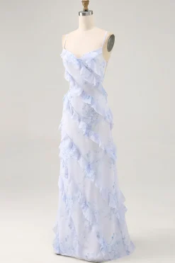 Espaguete de flor azul alças estampado vestido de noiva convidado com babados