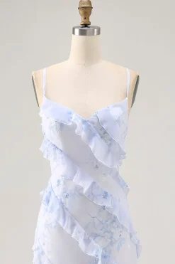 Espaguete de flor azul alças estampado vestido de noiva convidado com babados