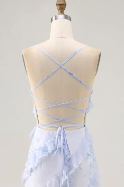 Espaguete de flor azul alças estampado vestido de noiva convidado com babados