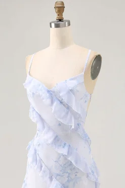 Espaguete de flor azul alças estampado vestido de noiva convidado com babados