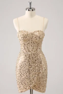 Espaguete Dourado Brilhante Correias Bodycon Homecoming Dress com Sequins