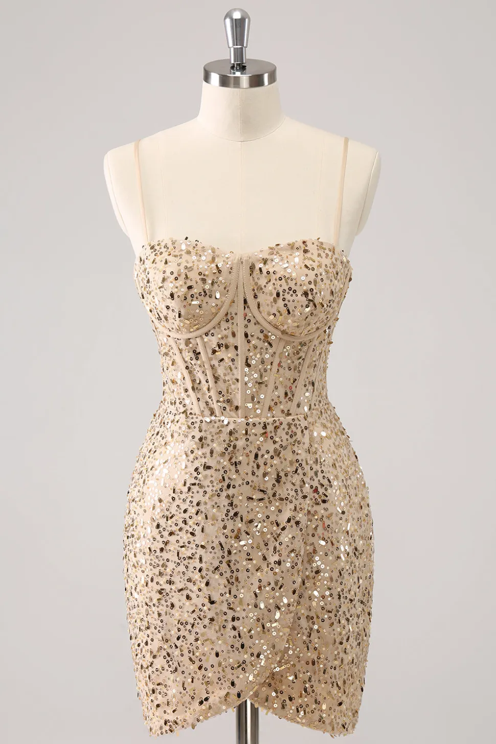 Espaguete Dourado Brilhante Correias Bodycon Homecoming Dress com Sequins