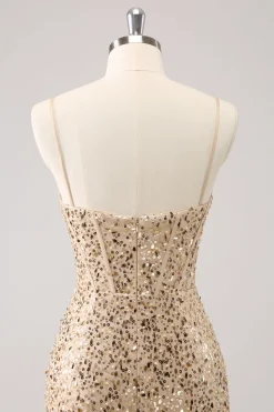 Espaguete Dourado Brilhante Correias Bodycon Homecoming Dress com Sequins