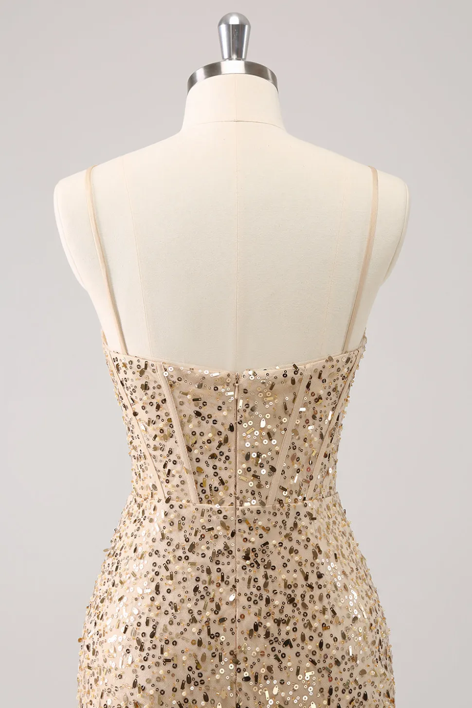 Espaguete Dourado Brilhante Correias Bodycon Homecoming Dress com Sequins