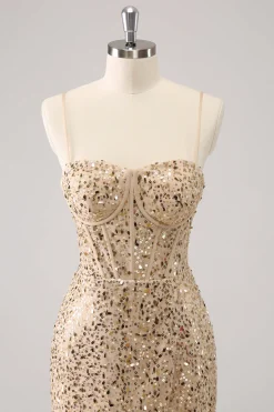 Espaguete Dourado Brilhante Correias Bodycon Homecoming Dress com Sequins