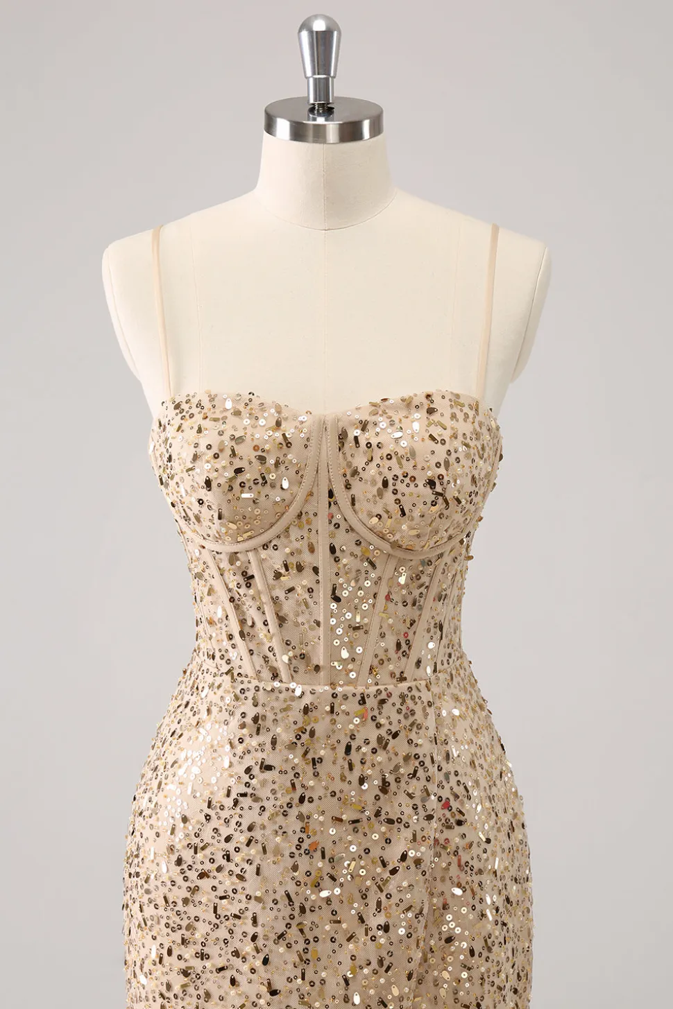 Espaguete Dourado Brilhante Correias Bodycon Homecoming Dress com Sequins