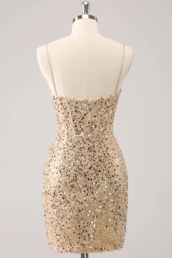 Espaguete Dourado Brilhante Correias Bodycon Homecoming Dress com Sequins