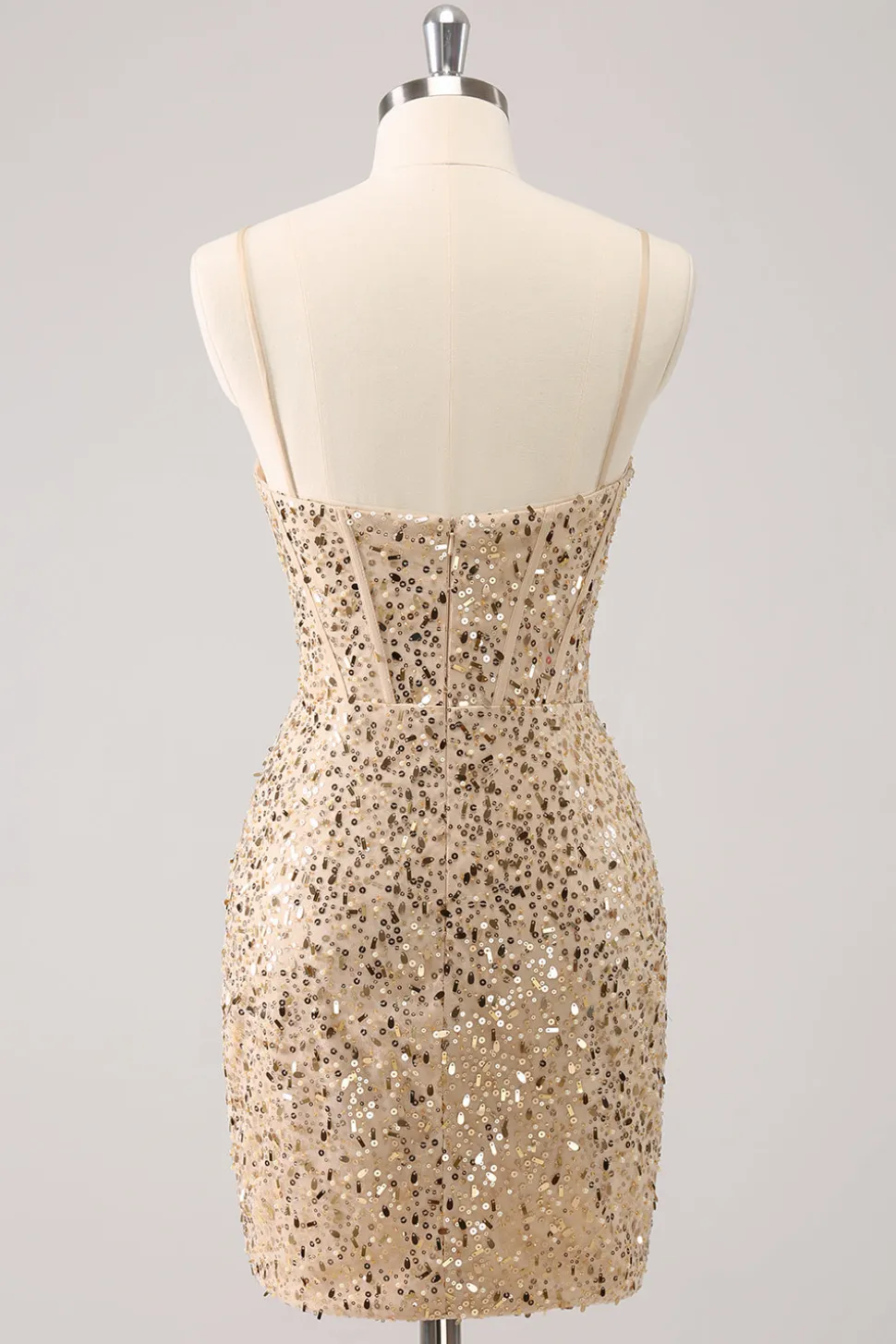 Espaguete Dourado Brilhante Correias Bodycon Homecoming Dress com Sequins