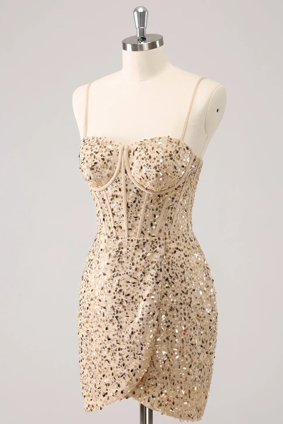 Espaguete Dourado Brilhante Correias Bodycon Homecoming Dress com Sequins