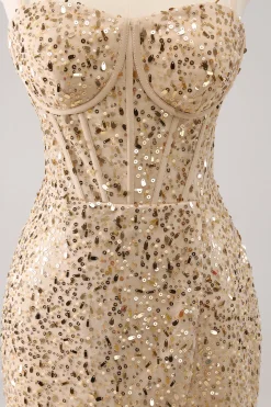 Espaguete Dourado Brilhante Correias Bodycon Homecoming Dress com Sequins