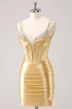 Espaguete Dourado Correias Bodycon Homecoming Dress com Sequins