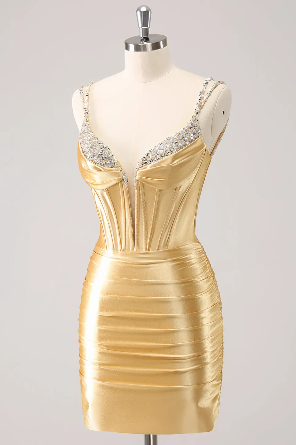 Espaguete Dourado Correias Bodycon Homecoming Dress com Sequins