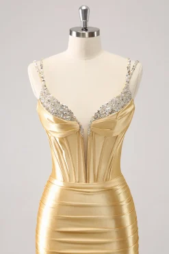 Espaguete Dourado Correias Bodycon Homecoming Dress com Sequins
