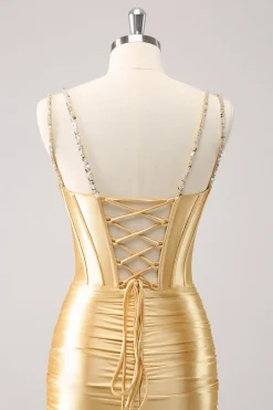 Espaguete Dourado Correias Bodycon Homecoming Dress com Sequins
